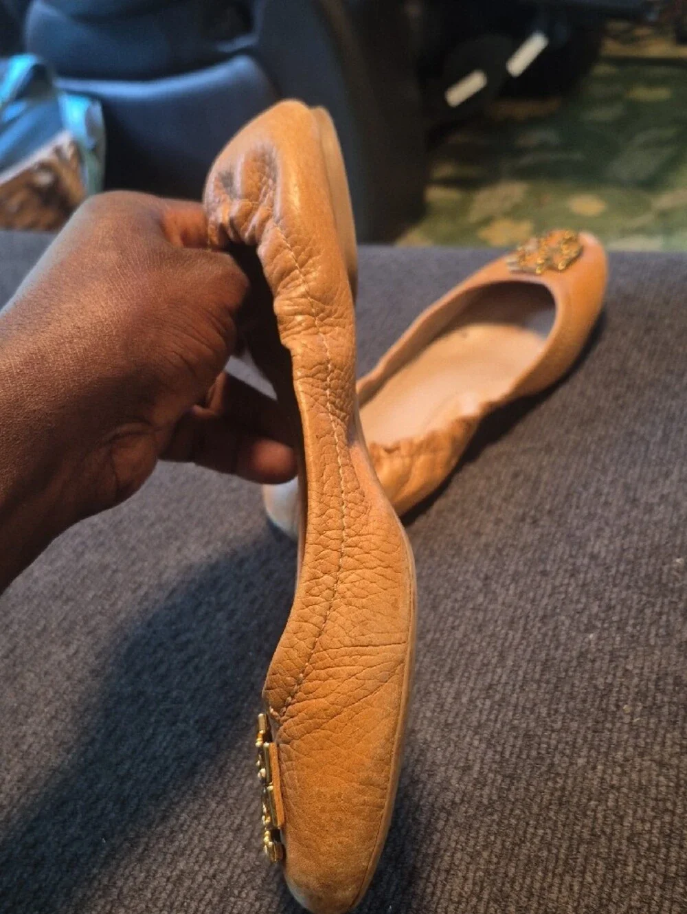 Tory Burch Caramel Leather Ballet Flats with Gold Logo